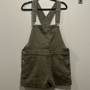 Green Denim Shorts Overalls - Stretchy! Size Large